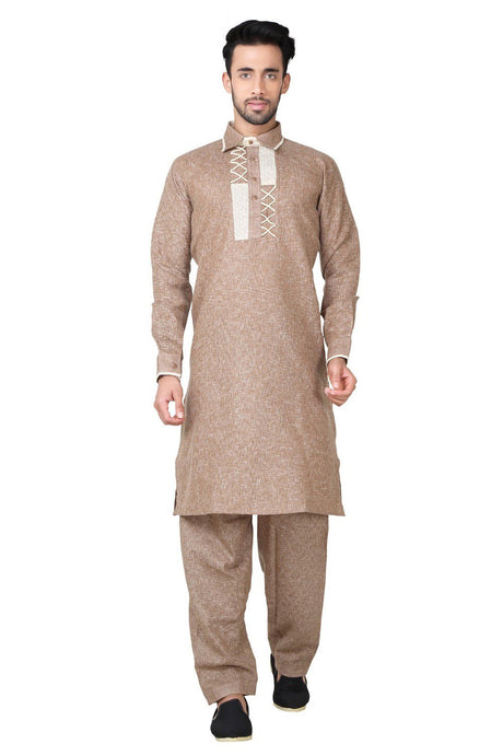 Buy Men's Cotton Linen Embroidery Pathani Set in Brown 