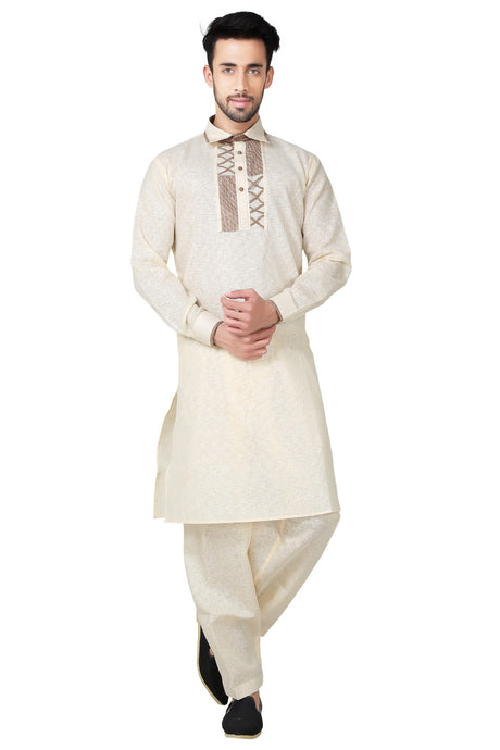 Buy Men's Cotton Linen Embroidery Pathani Set in Cream