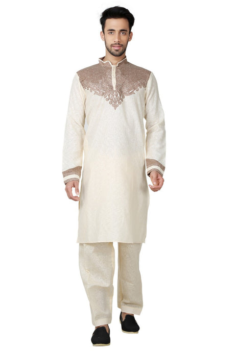 Buy Men's Cotton Linen Embroidery Pathani Set in Cream