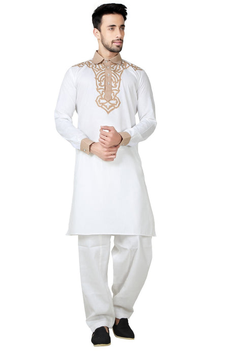 Buy Men's Cotton Linen Embroidery Pathani Set in White