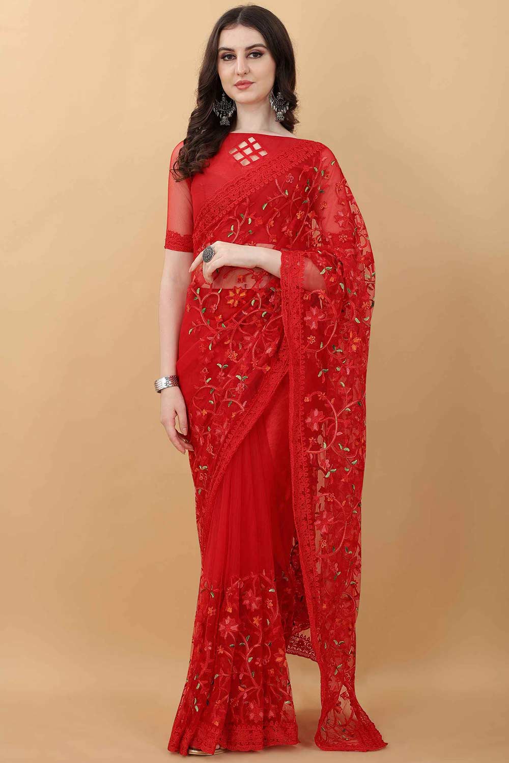 Designer Embroidery Net Red Floral Saree