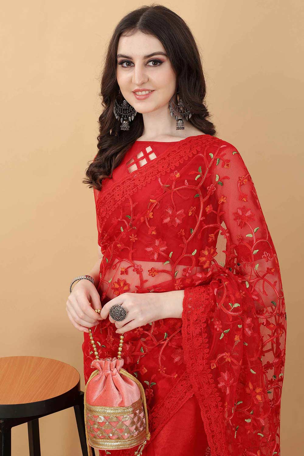 Designer Embroidery Net Red Floral Saree