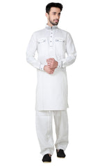 Buy Men's Cotton Linen Embroidery Pathani Set in White