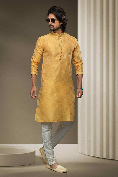 Buy Yellow Jacquard Embroidered Kurta Pajama Online - Karmaplace