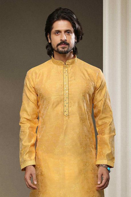 Buy Yellow Jacquard Embroidered Kurta Pajama Online - Karmaplace