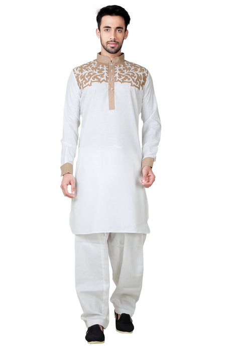 Buy Men's Cotton Linen Embroidery Pathani Set in White