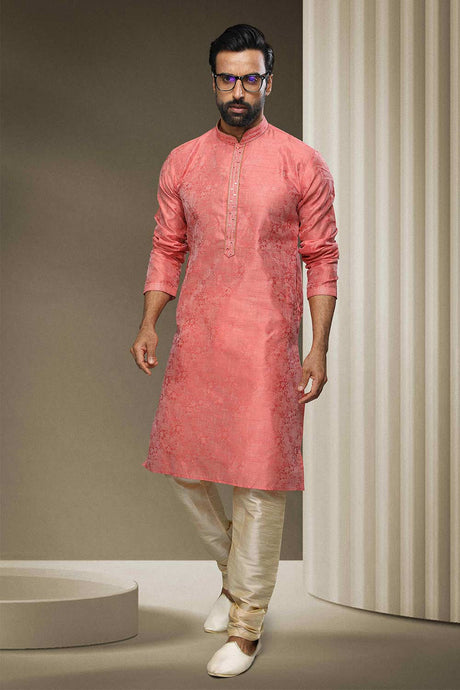 Buy Pink Jacquard Embroidered Kurta Pajama Online - Karmaplace