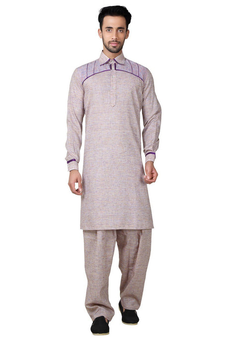 Buy Men's Cotton Linen Solid Pathani Set in Brown 