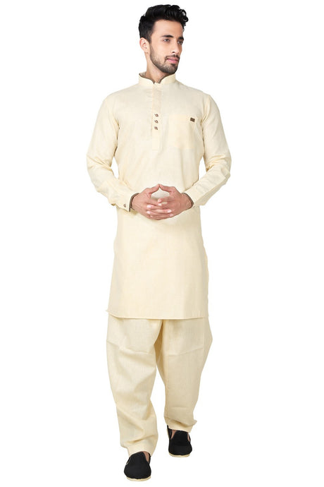 Buy Men's Cotton Linen Solid Pathani Set in Cream