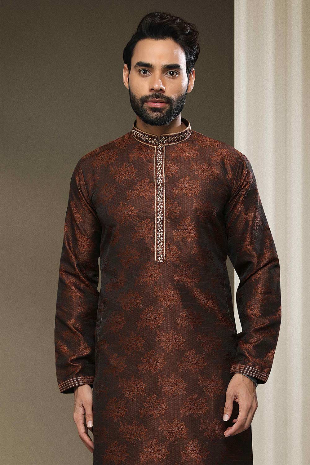 Buy Brown Jacquard Embroidered Kurta Pajama Online - Karmaplace