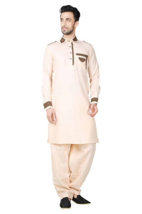 Buy Men's Cotton Linen Solid Pathani Set in Cream