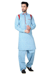 Buy Men's Cotton Linen Solid Pathani Set in Blue