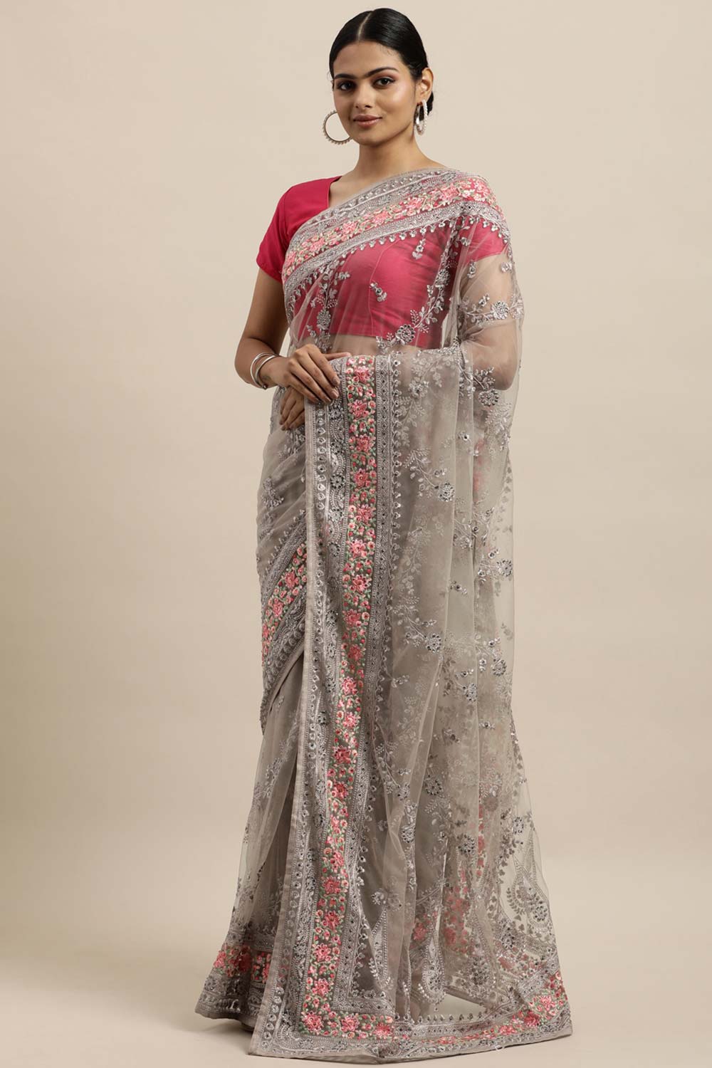 Net Embroidered Saree In Grey