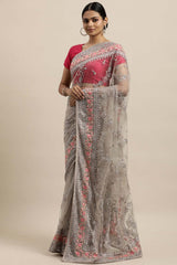 Net Embroidered Saree In Grey