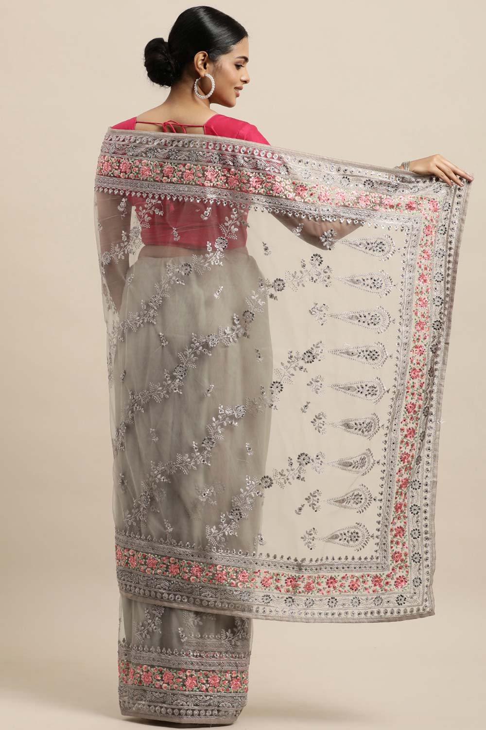 Net Embroidered Saree In Grey