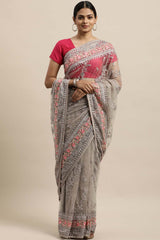 Net Embroidered Saree In Grey