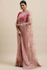 Net Embroidered Saree In Pink