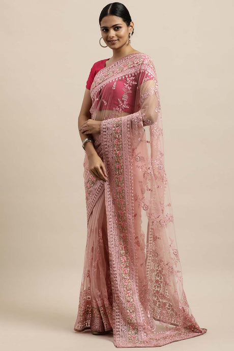 Net Embroidered Saree In Pink