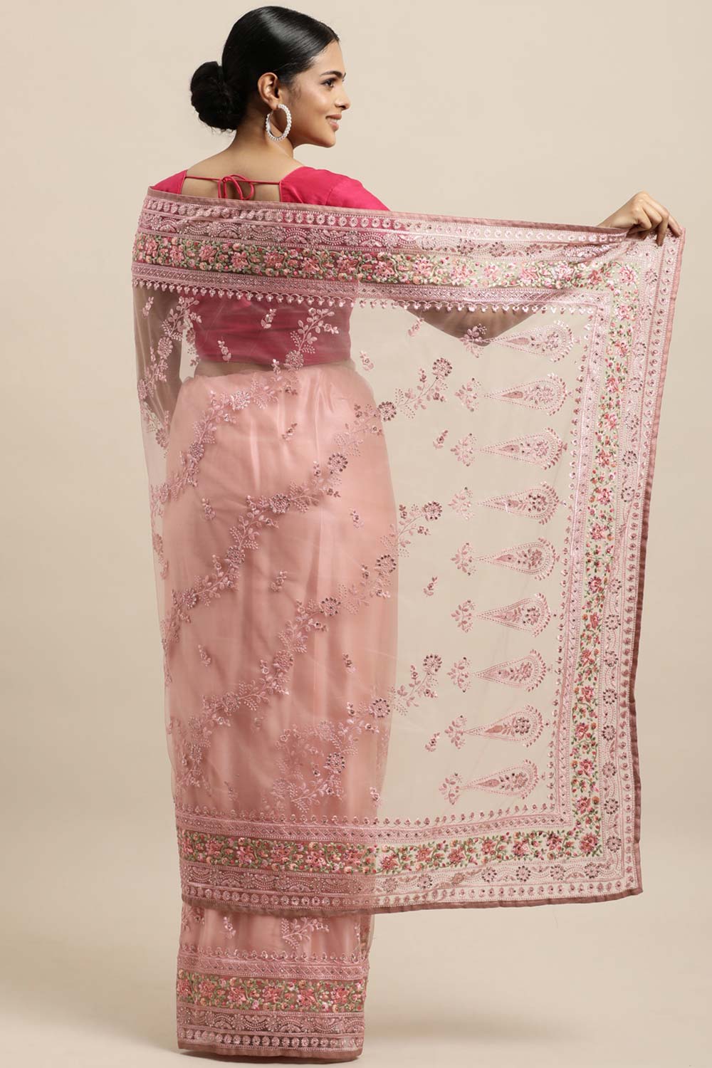 Net Embroidered Saree In Pink