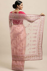 Net Embroidered Saree In Pink