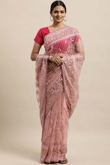 Net Embroidered Saree In Pink