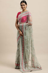 Net Embroidered Saree In Pista