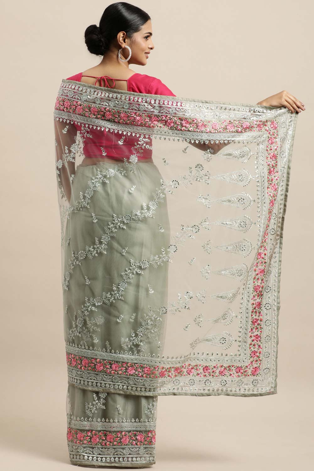 Net Embroidered Saree In Pista