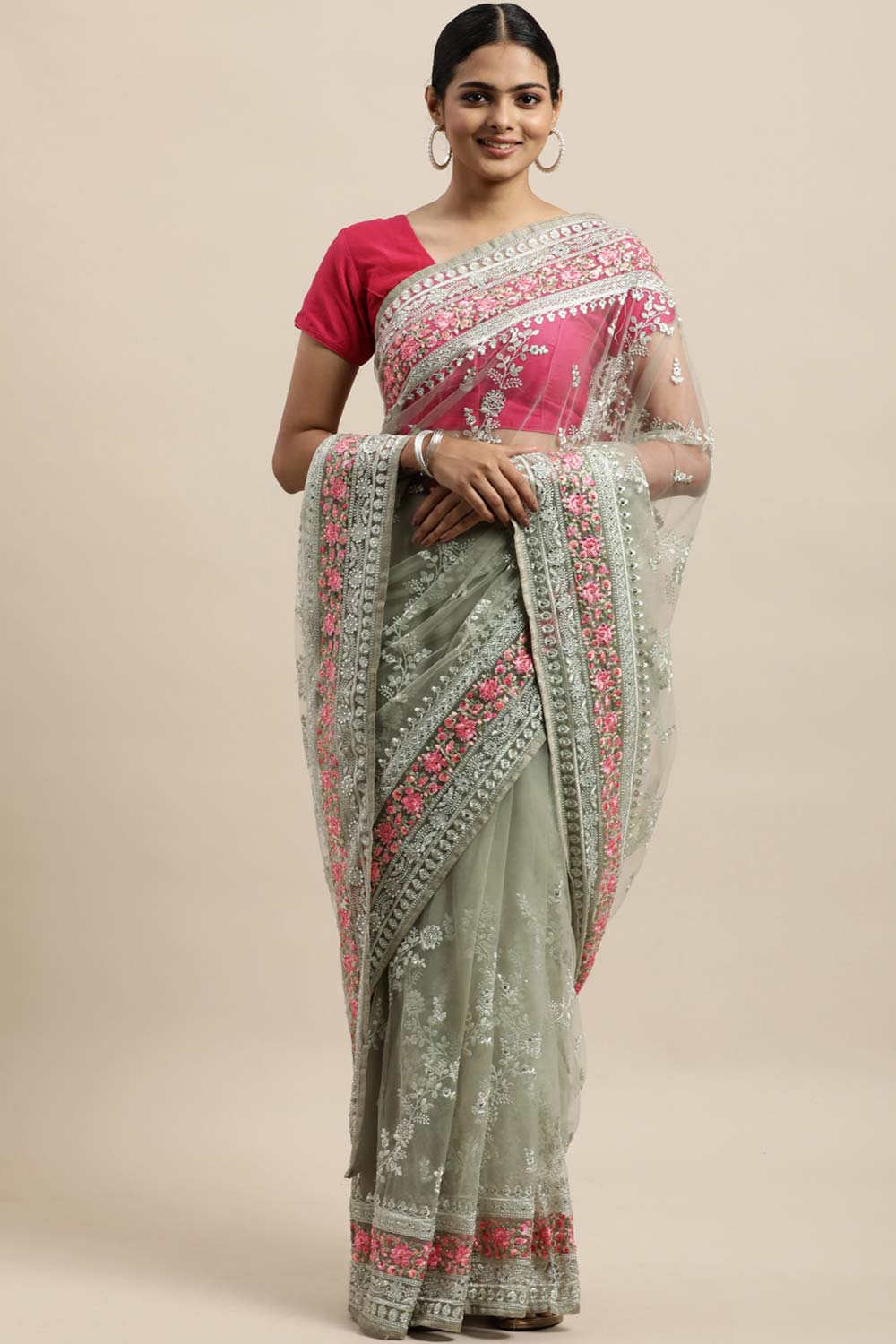 Net Embroidered Saree In Pista