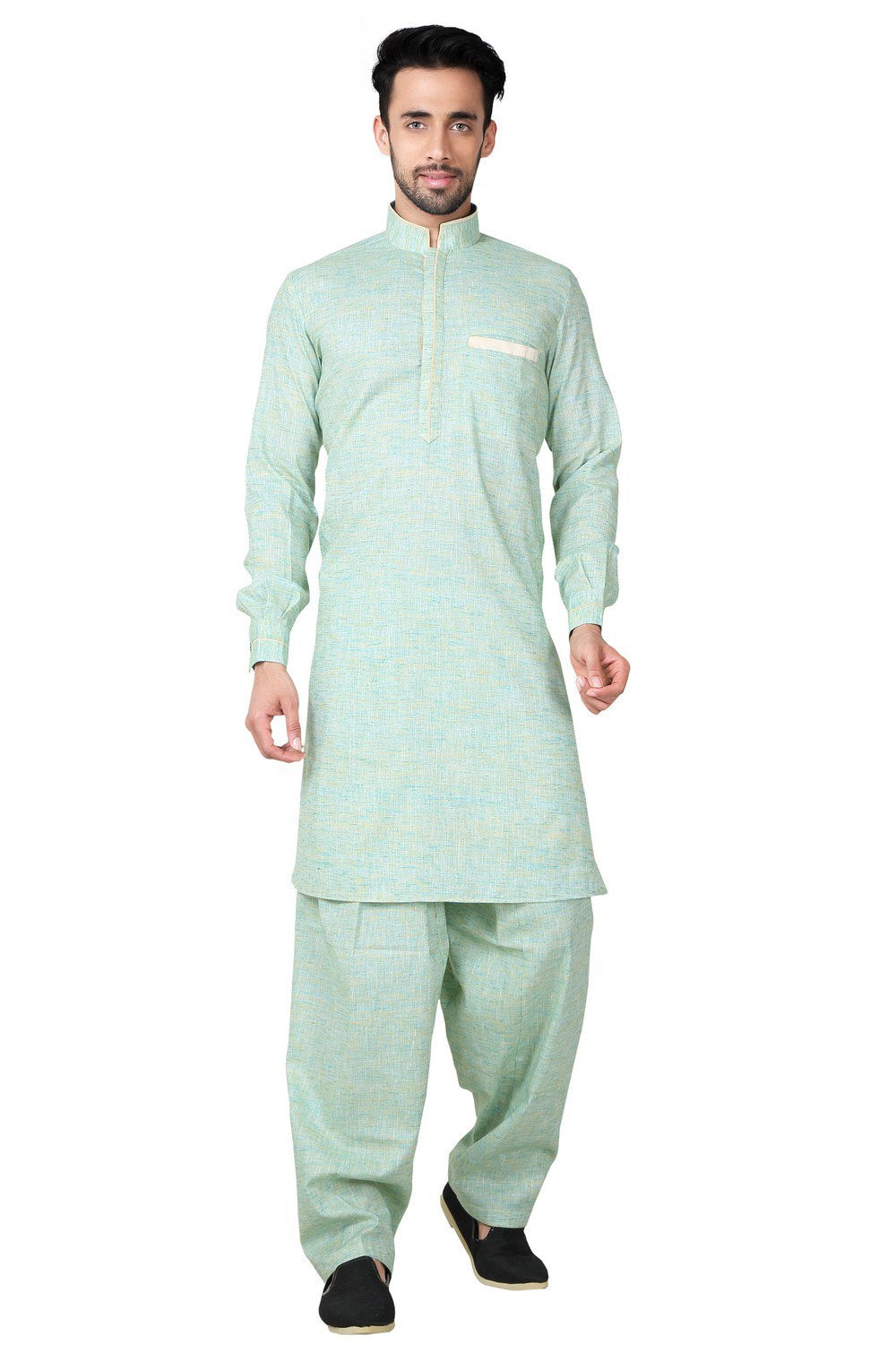Buy Men's Cotton Linen Solid Pathani Set in Green