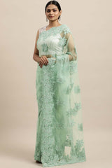 Net Embroidered Saree In Sea Green