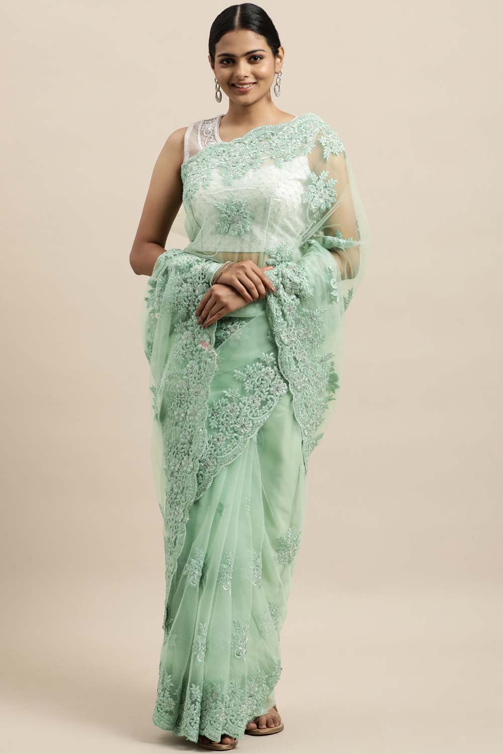 Net Embroidered Saree In Sea Green