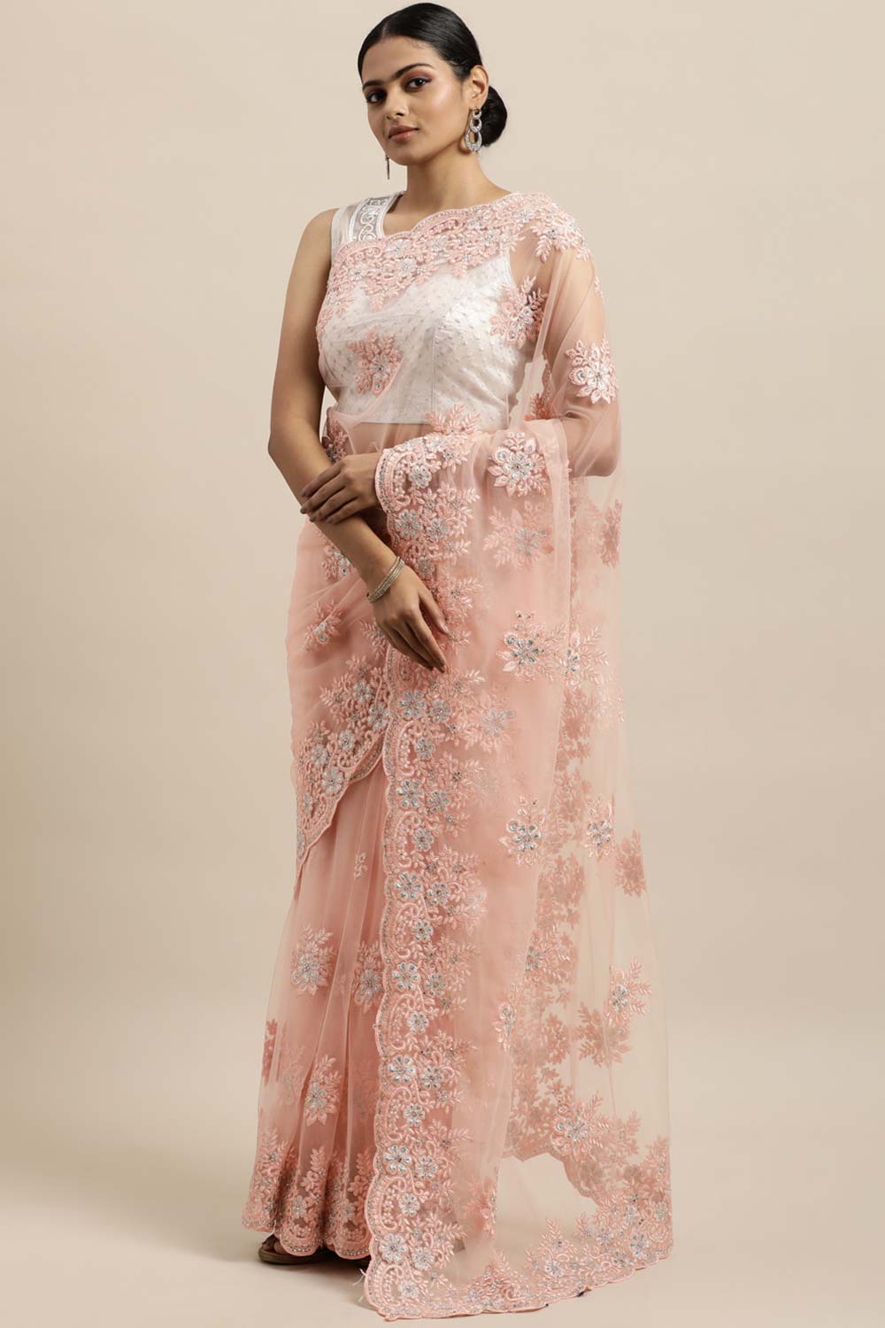 Net Embroidered Saree In Peach