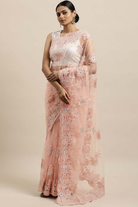 Net Embroidered Saree In Peach