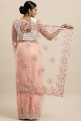 Net Embroidered Saree In Peach