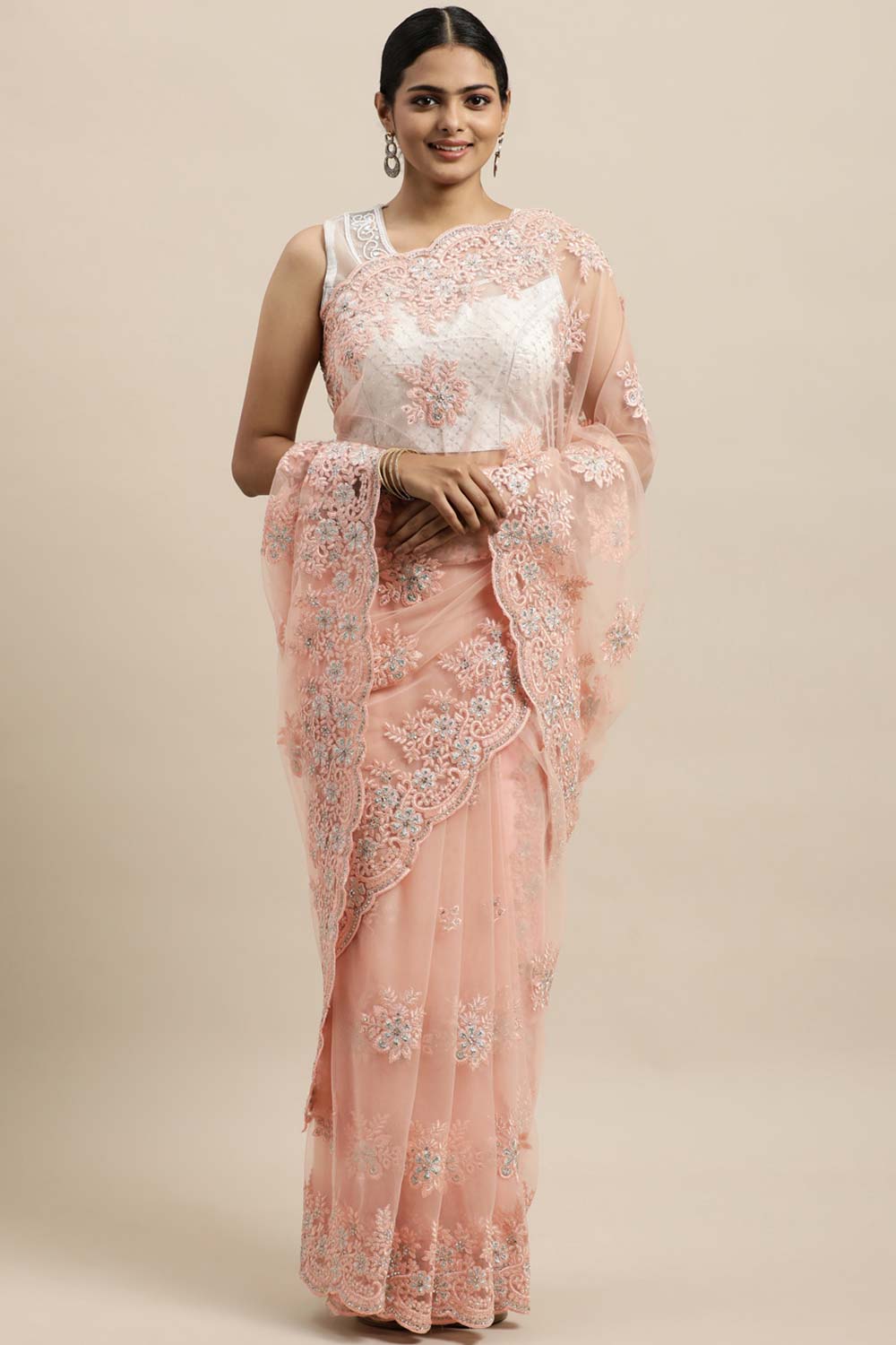 Net Embroidered Saree In Peach