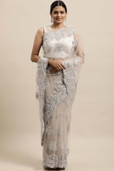 Net Embroidered Saree In White