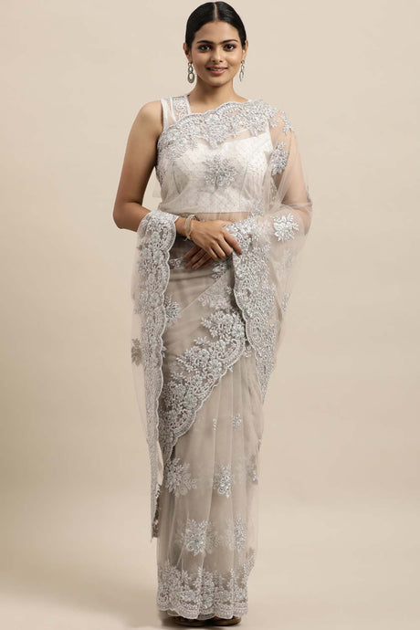 Net Embroidered Saree In White