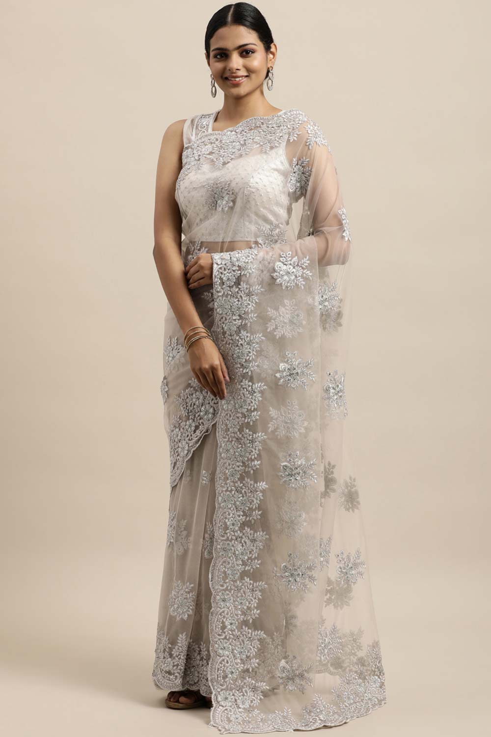 Net Embroidered Saree In White