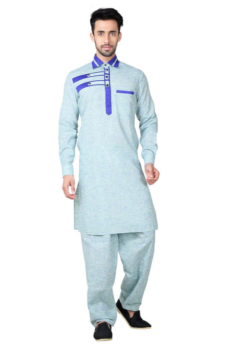 Buy Men's Cotton Linen Solid Pathani Set in Blue