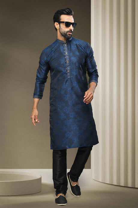 Buy Blue Jacquard Printed Kurta Pajama Online - Karmaplace