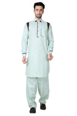 Buy Men's Cotton Linen Solid Pathani Set in Green