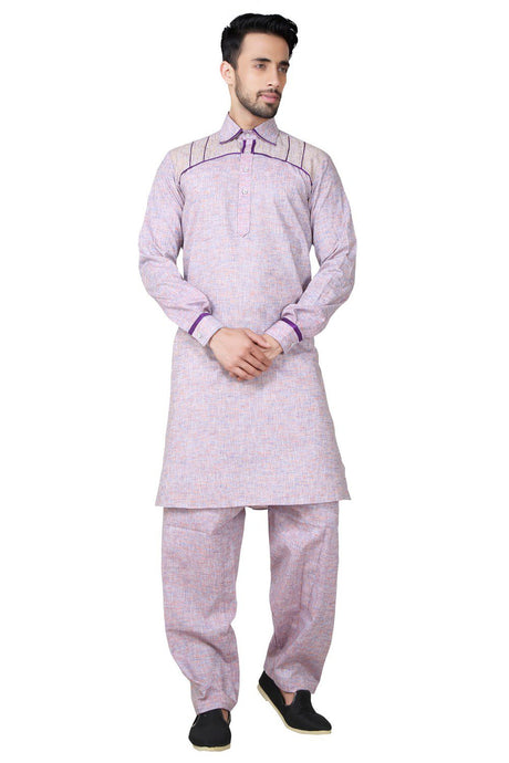 Buy Men's Cotton Linen Solid Pathani Set in Violet