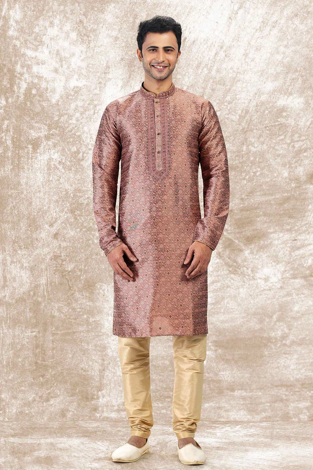 Buy Men's Onion Pink Jacquard Silk Kurta Pajama Set  Online