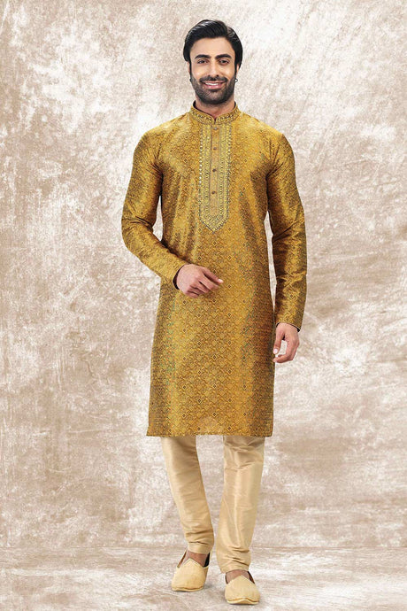 Buy Men's Golden Jacquard Silk Kurta Pajama Set  Online