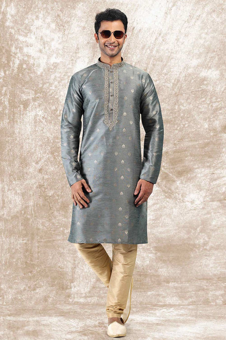 Buy Men's Grey Jacquard Silk Kurta Pajama Set  Online - Back