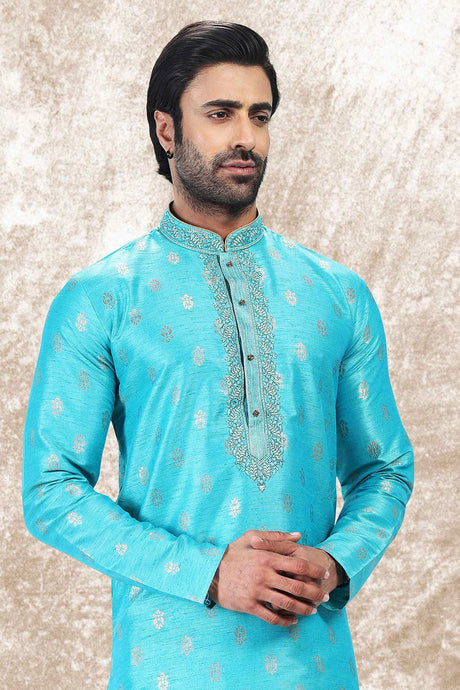 Buy Men's Blue Jacquard Silk Kurta Pajama Set  Online - Back
