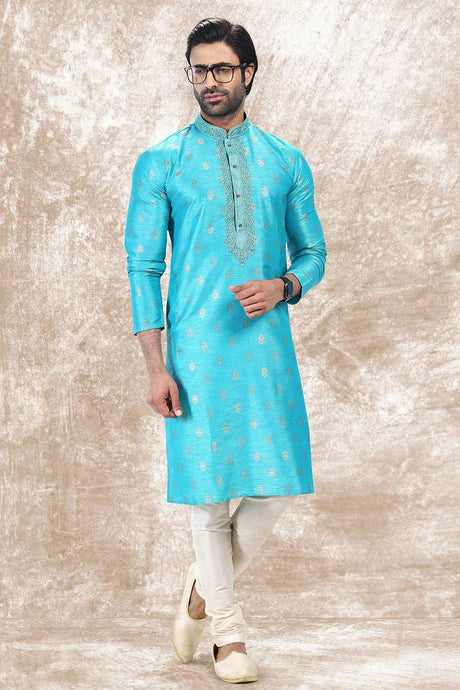 Buy Men's Blue Jacquard Silk Kurta Pajama Set  Online