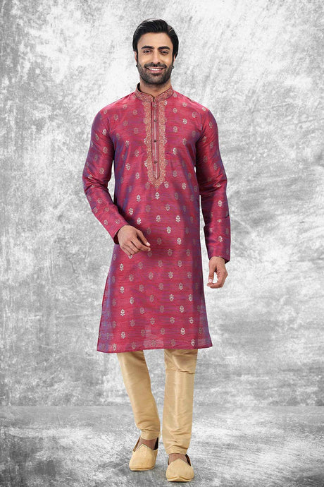 Buy Men's Maroon Jacquard Silk Kurta Pajama Set  Online