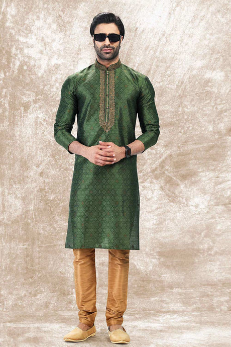 Buy Men's Green Jacquard Silk Kurta Pajama Set  Online - Back