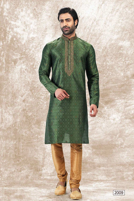 Buy Men's Green Jacquard Silk Kurta Pajama Set  Online